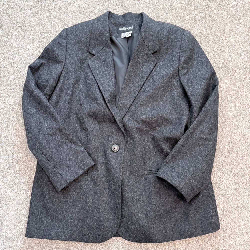 Sag Harbor Blazer Womens 16P Gray Wool Blend Single Button Petite Jacket Career